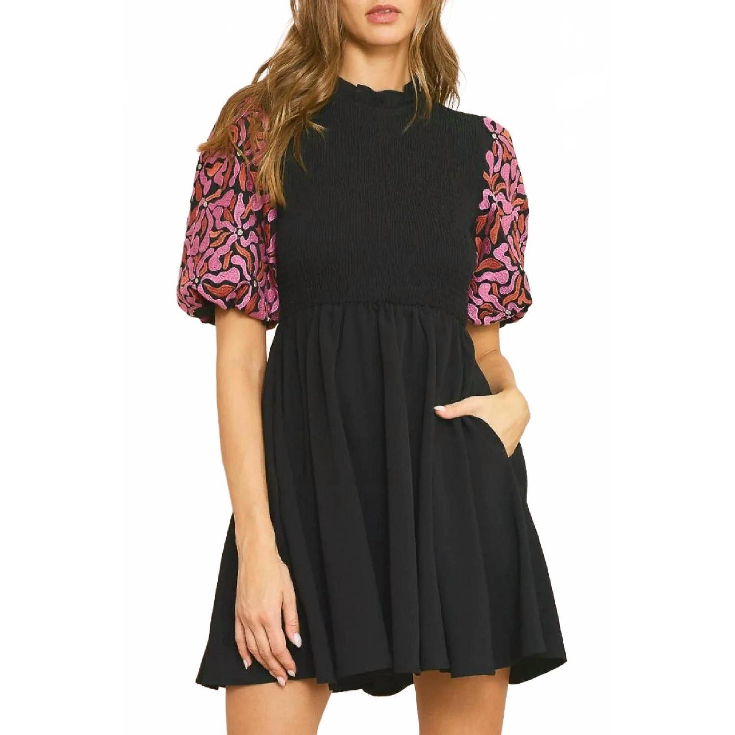 New Entro Embroidered Puff Sleeve Dress In Black